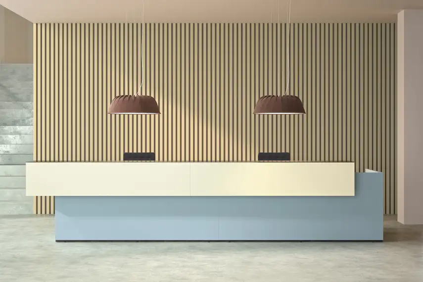A modern reception area with large desk