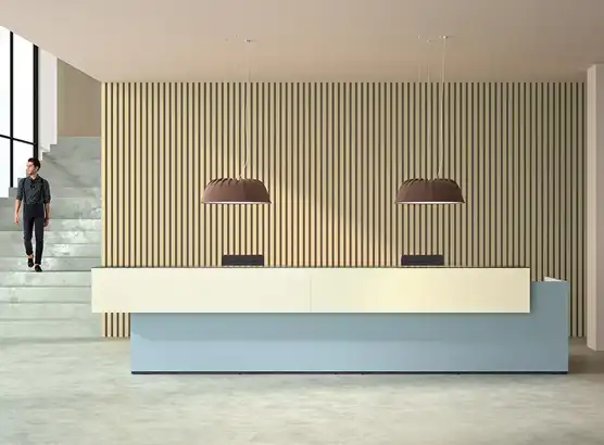 Reception Area Furniture Long office reception desk with overhanging counter