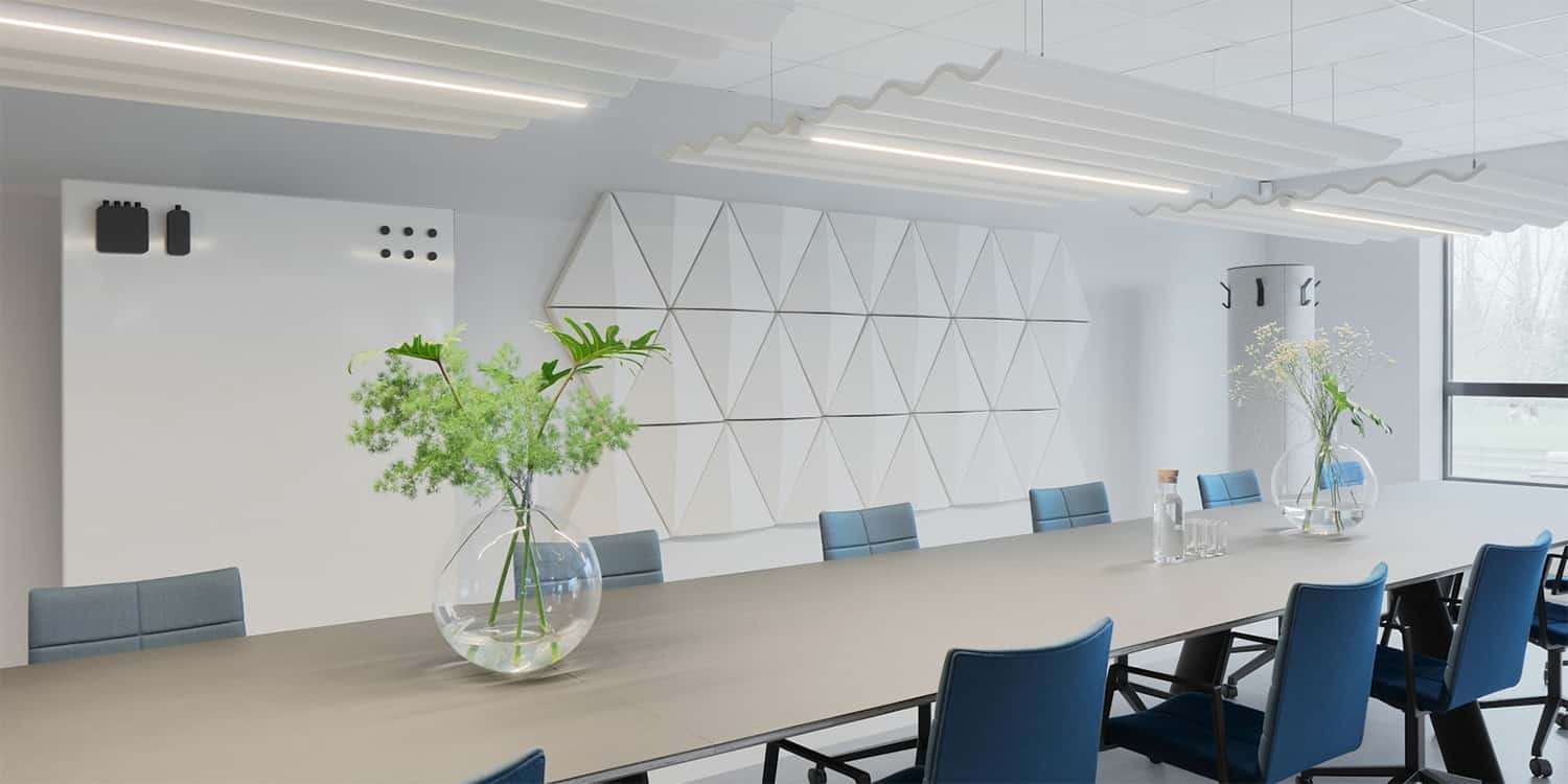 Office acoustic products Meeting room with acoustic wall panels and ceiling canopies