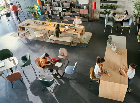 WorkCafé Thirdspace work cafe with tables and kitchen high tables to long team tables