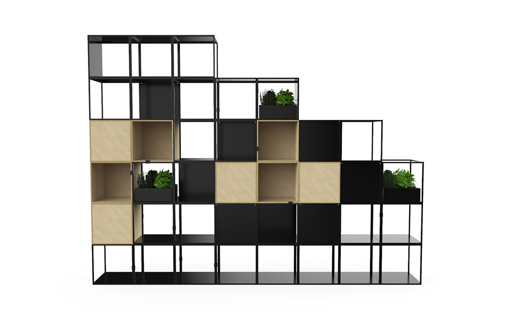 Cage cube shelf unit with ash maple boxes.
