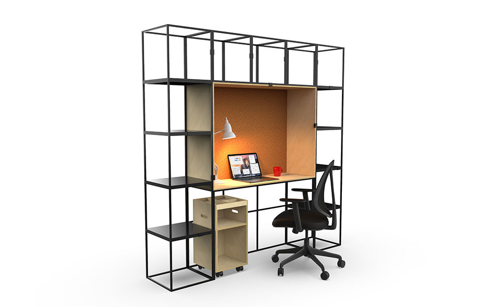 Cage shelving with built-in desk