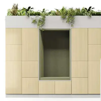 Lockers with built-in seating and planters