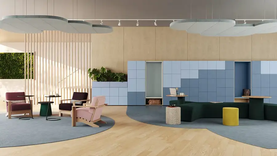 Locker wall with built-in seating in reception area