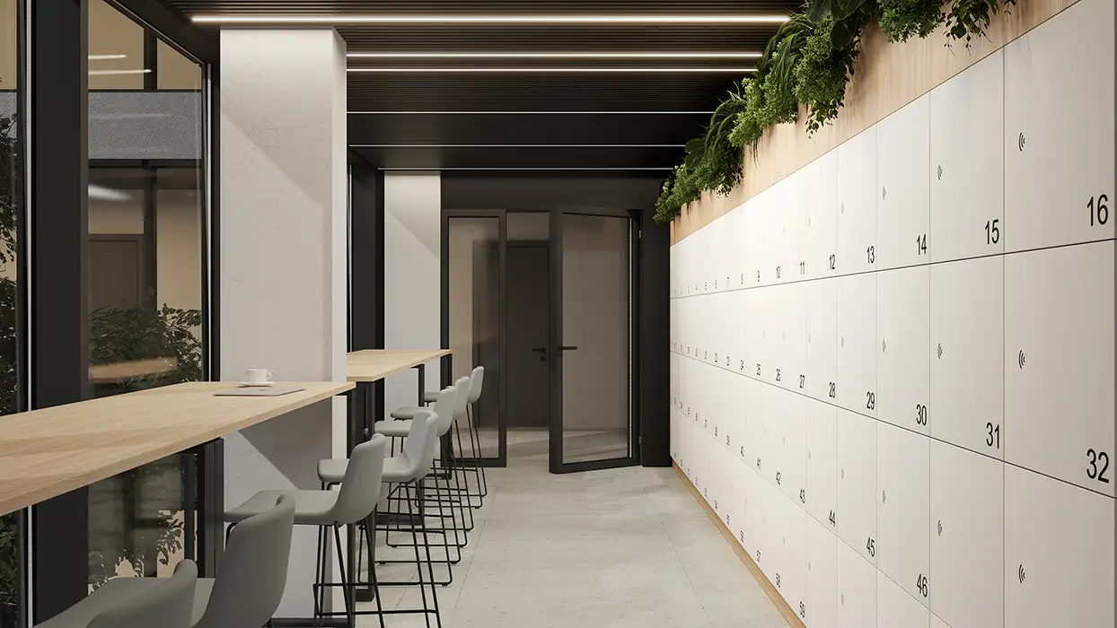 Locker Wall Storage with numbered lockers and RFID access