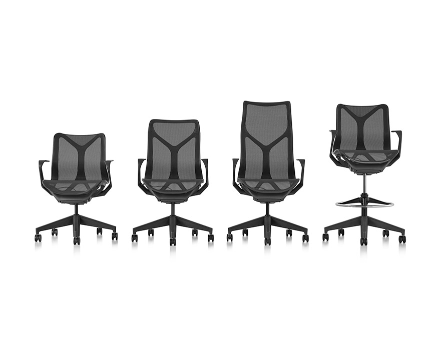 Cosm chair range including high chair with footring.