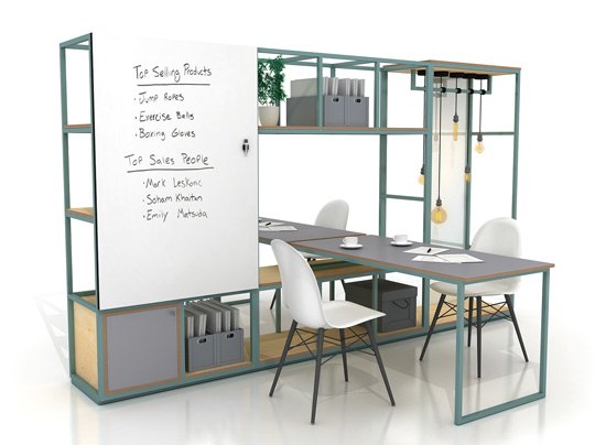 Metal framed storage with desk and whiteboard